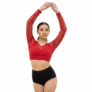 CL Baltogs 2 piece Dance set Red Long Sleeve Crop Top Black High Waist Brief CL